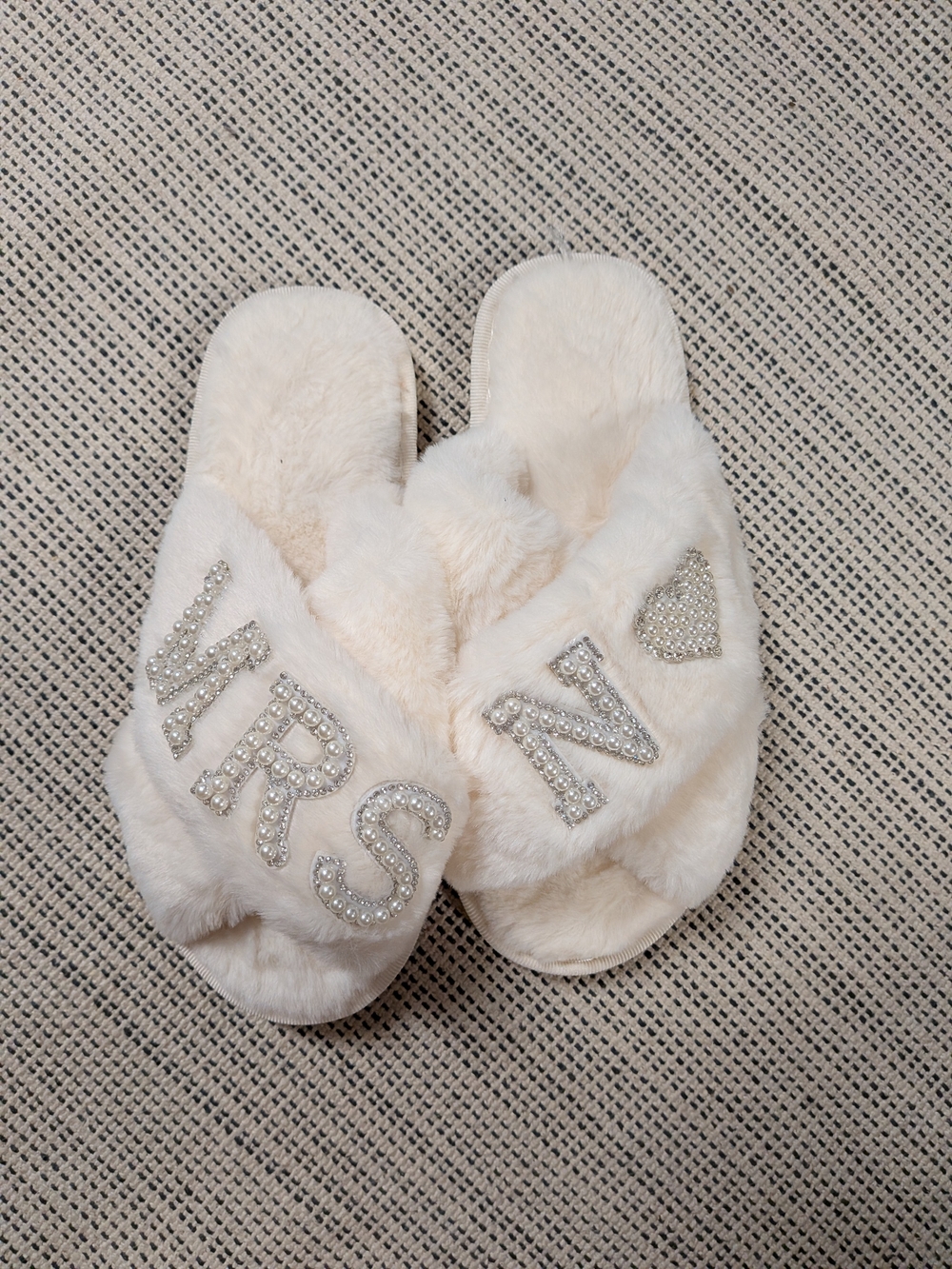 Plush Cream Womens Slippers with Sparkle Lettering